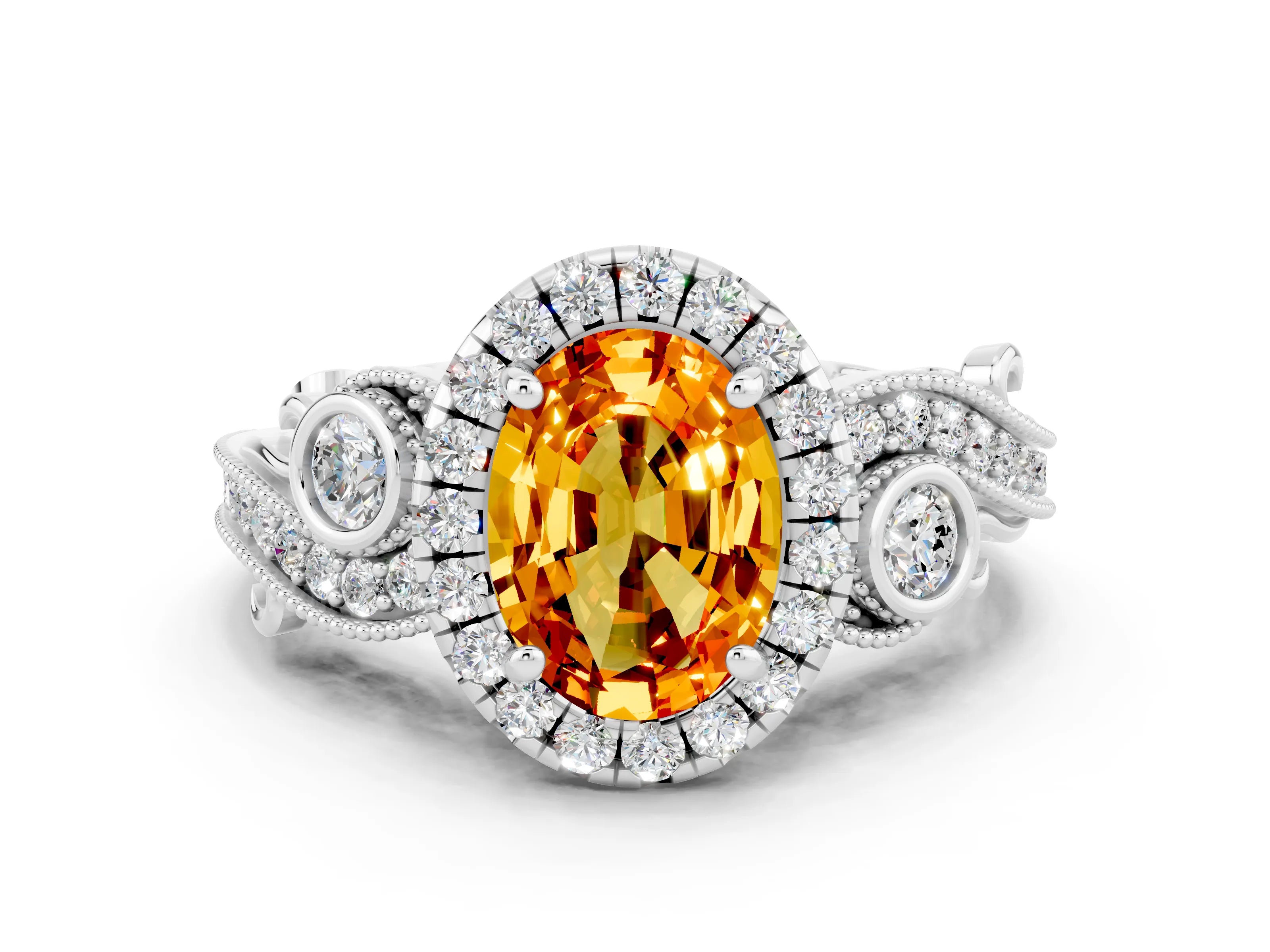 White gold Oval Cut Citrine Halo Ring with Milgrain Pavé Band and Four-Prong Setting_12