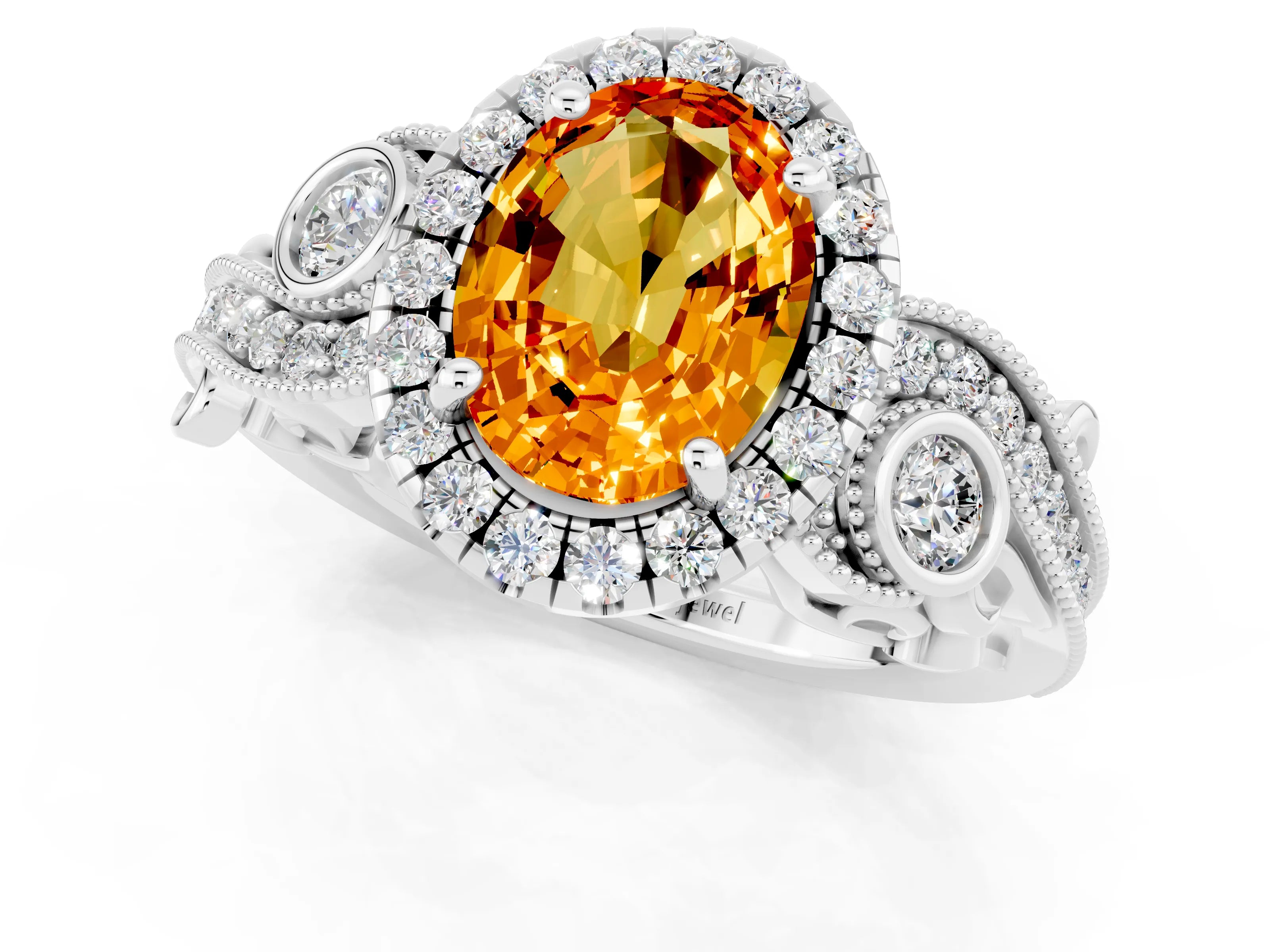 White gold Oval Cut Citrine Halo Ring with Milgrain Pavé Band and Four-Prong Setting_13