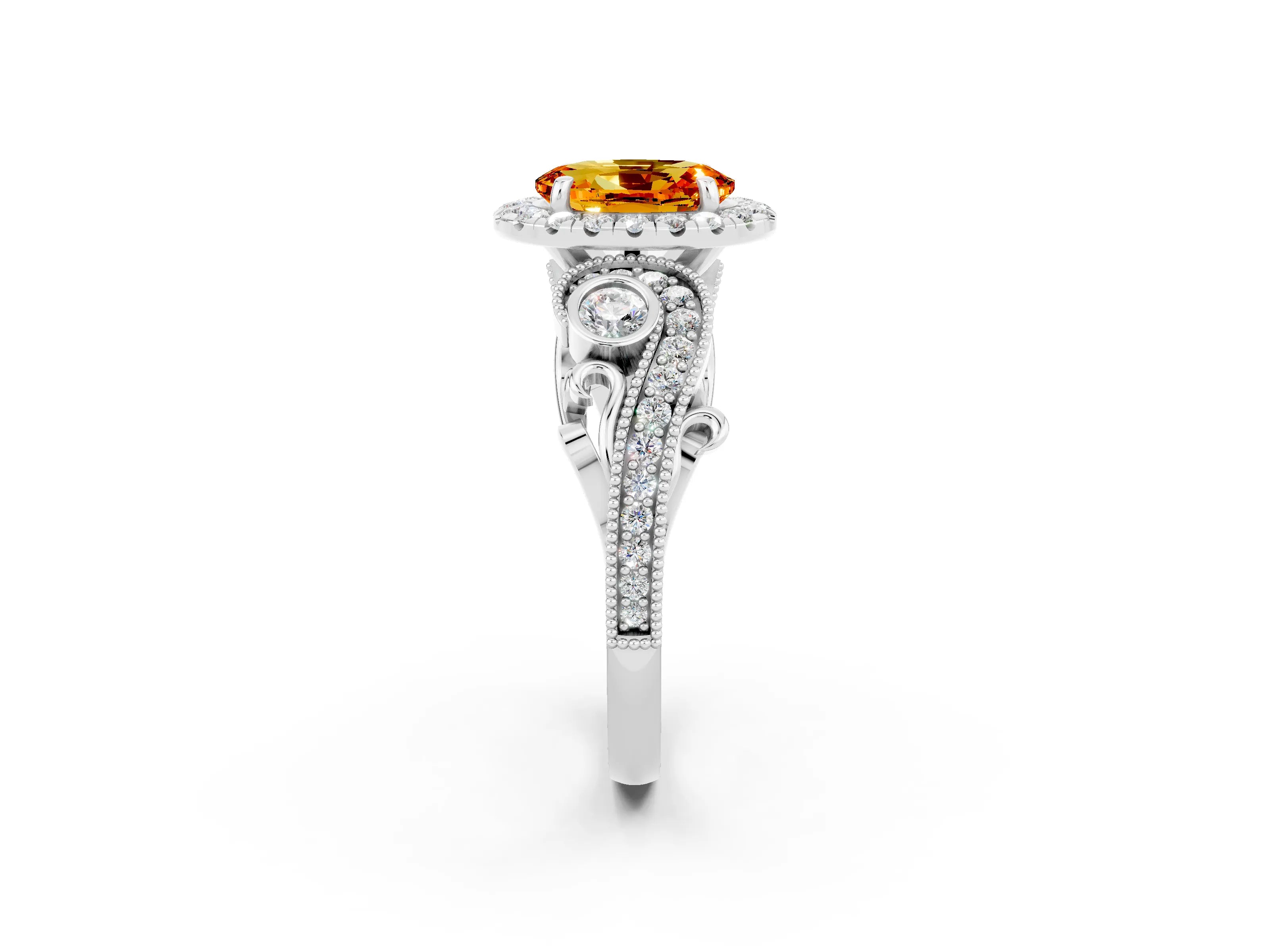 White gold Oval Cut Citrine Halo Ring with Milgrain Pavé Band and Four-Prong Setting_14