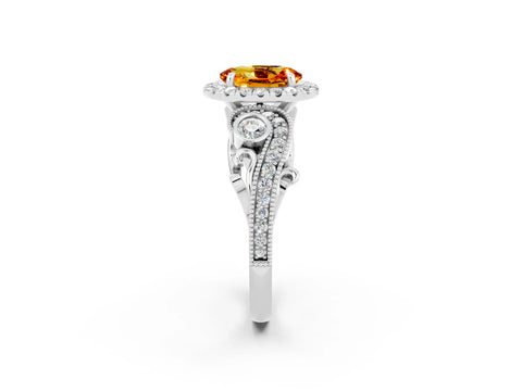 White gold Oval Cut Citrine Halo Ring with Milgrain Pavé Band and Four-Prong Setting_14