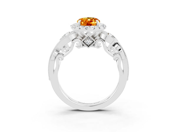 White gold Oval Cut Citrine Halo Ring with Milgrain Pavé Band and Four-Prong Setting