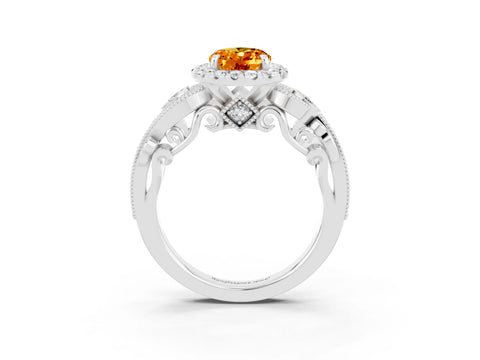 White gold Oval Cut Citrine Halo Ring with Milgrain Pavé Band and Four-Prong Setting_15