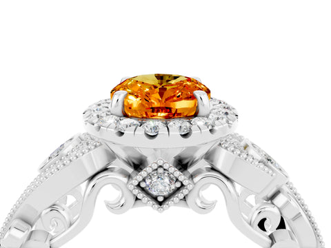 White gold Oval Cut Citrine Halo Ring with Milgrain Pavé Band and Four-Prong Setting_16