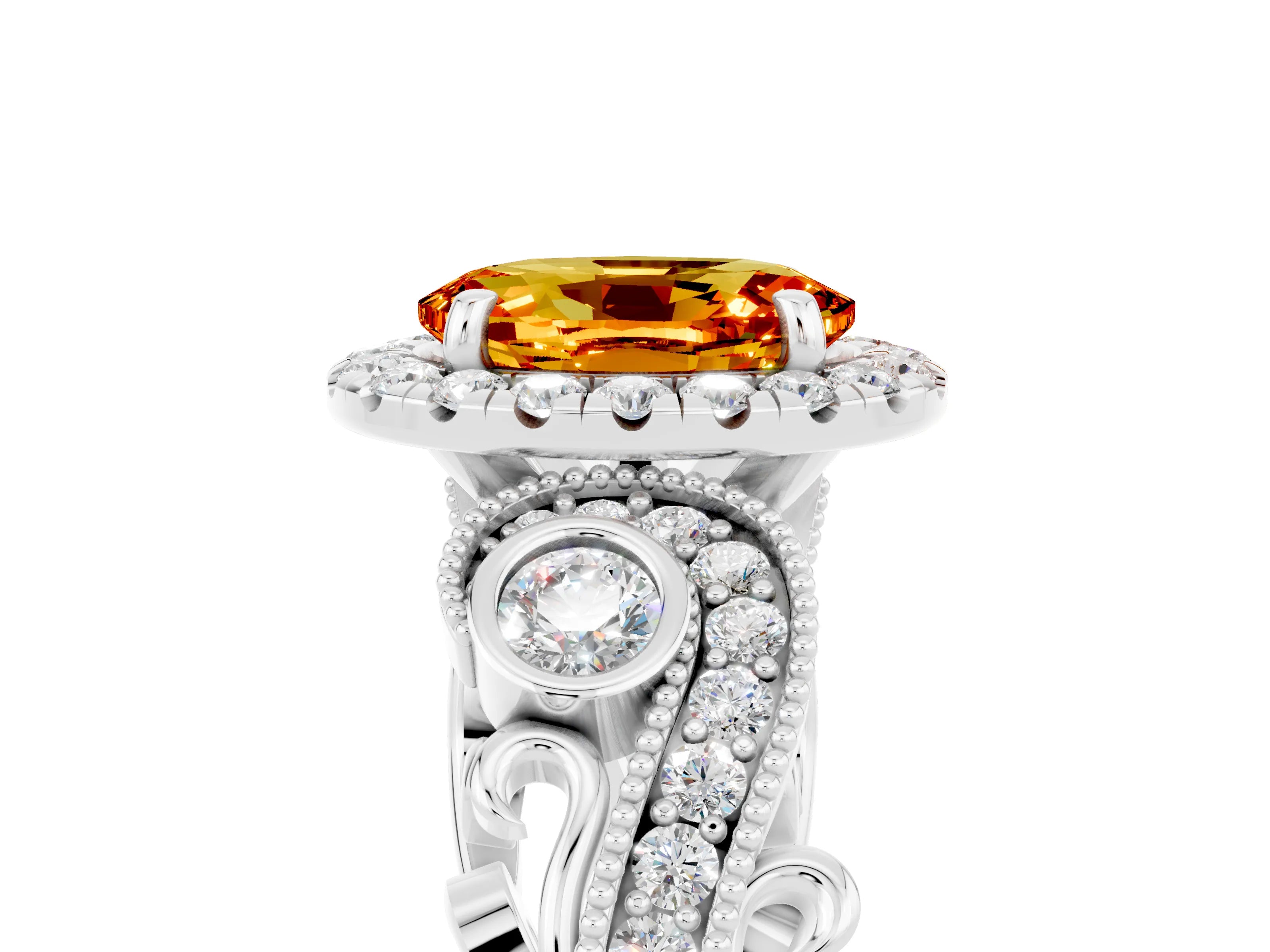 White gold Oval Cut Citrine Halo Ring with Milgrain Pavé Band and Four-Prong Setting_17