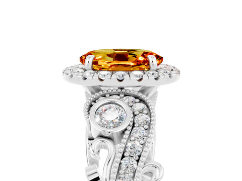 White gold Oval Cut Citrine Halo Ring with Milgrain Pavé Band and Four-Prong Setting_17