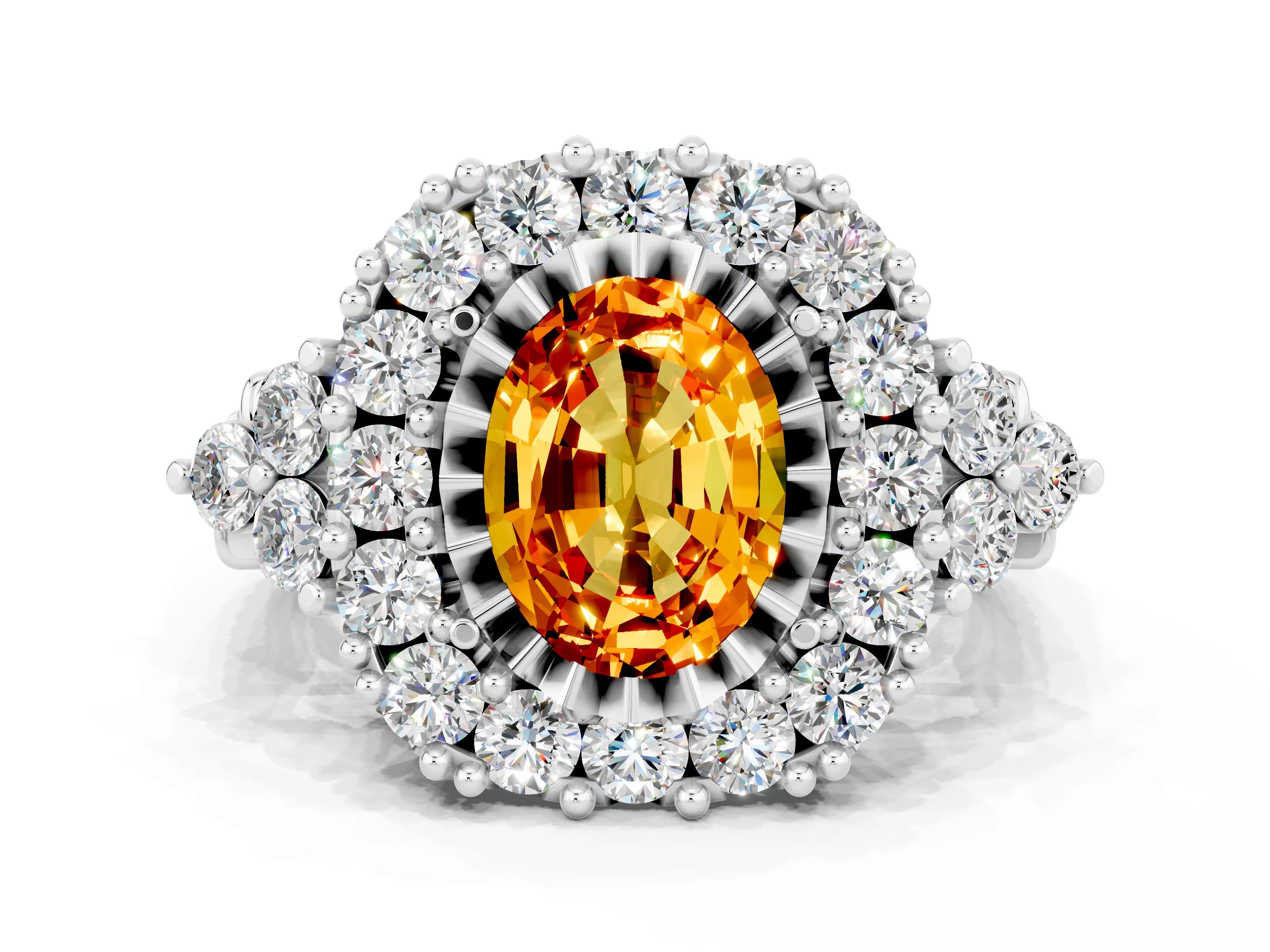 White gold Oval Cut Citrine Halo Ring with Pavé Band and Four-Prong Setting_12