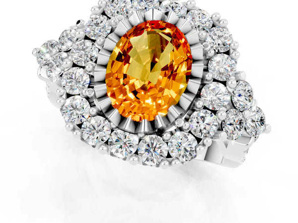 Platinum Oval Cut Citrine Halo Ring with Pavé Band and Four-Prong Setting