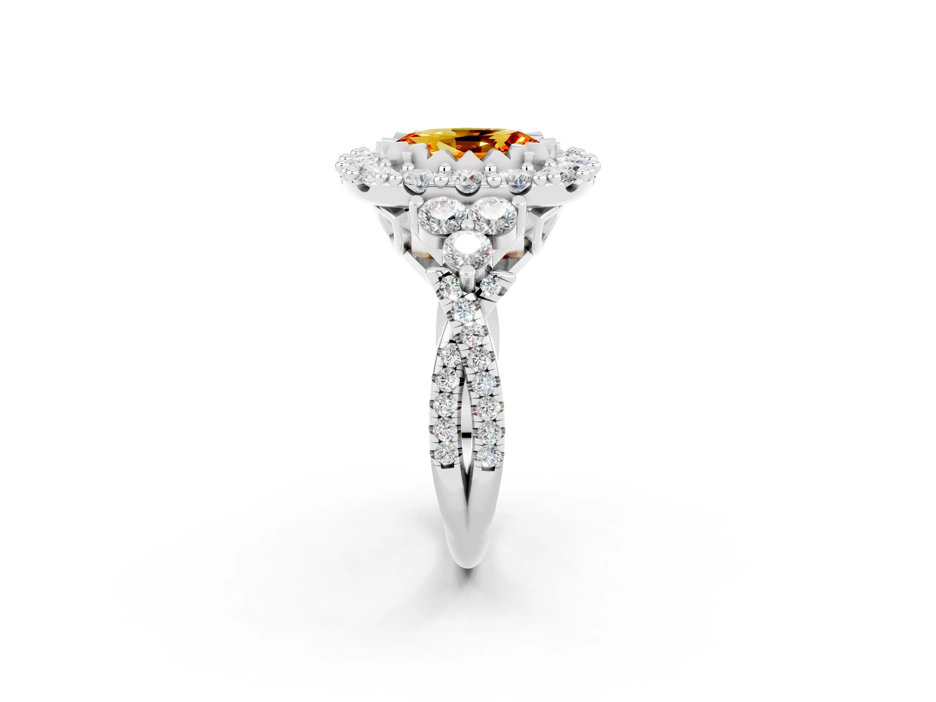 White gold Oval Cut Citrine Halo Ring with Pavé Band and Four-Prong Setting_14