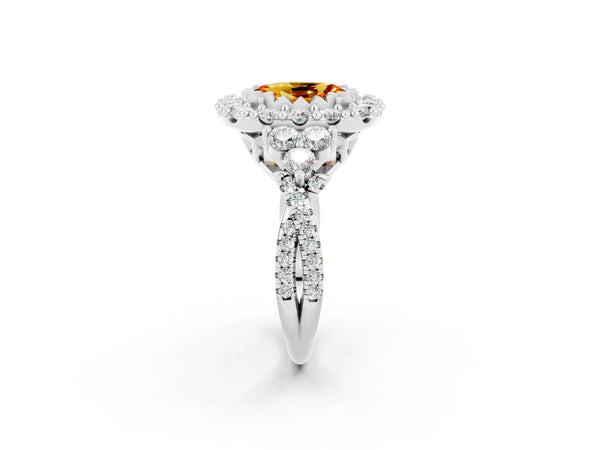 Silver Oval Cut Citrine Halo Ring with Pavé Band and Four-Prong Setting