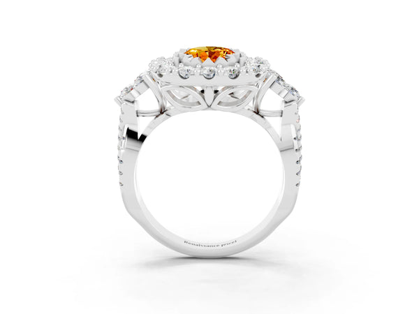 Platinum Oval Cut Citrine Halo Ring with Pavé Band and Four-Prong Setting