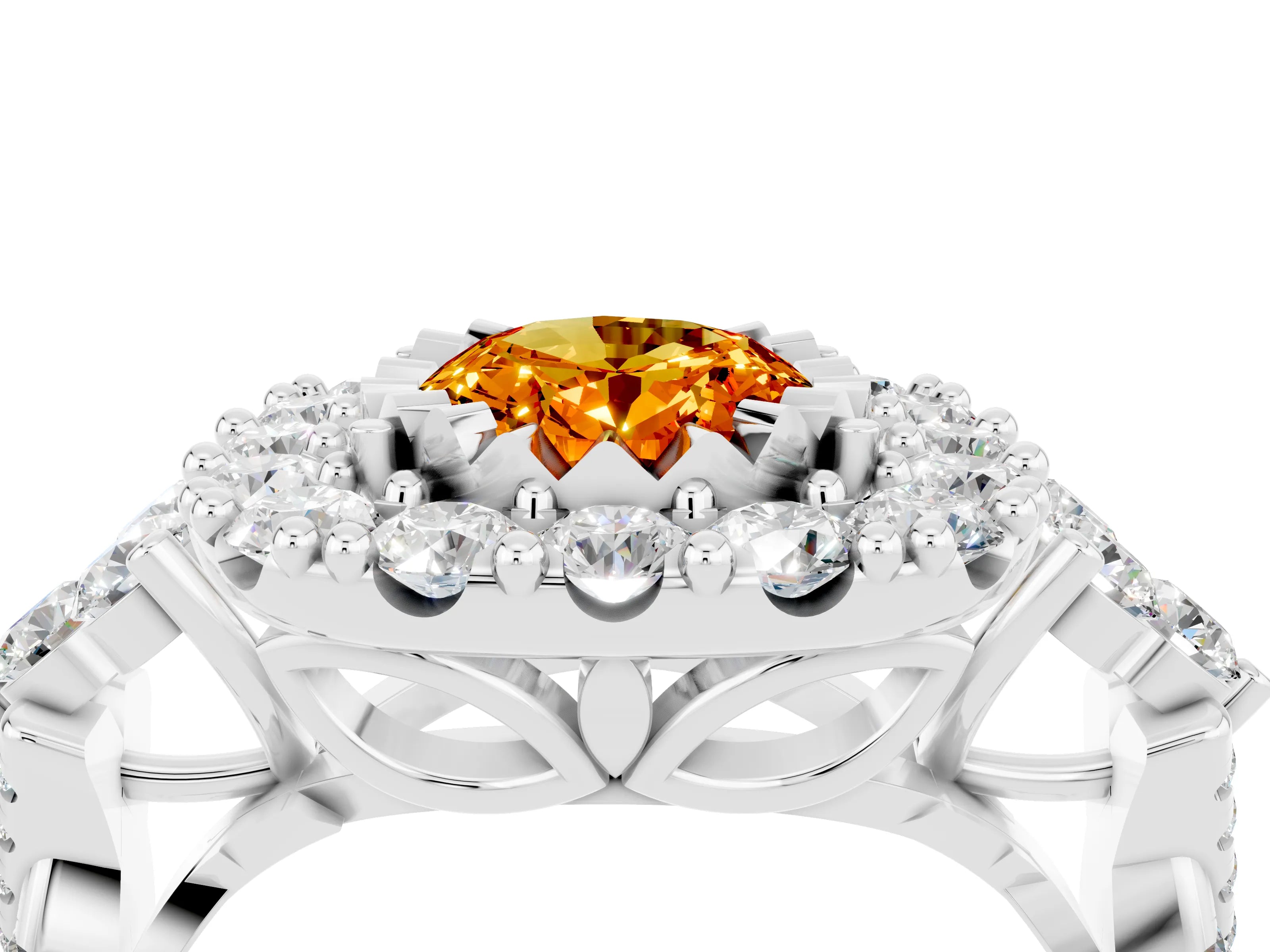 White gold Oval Cut Citrine Halo Ring with Pavé Band and Four-Prong Setting_16