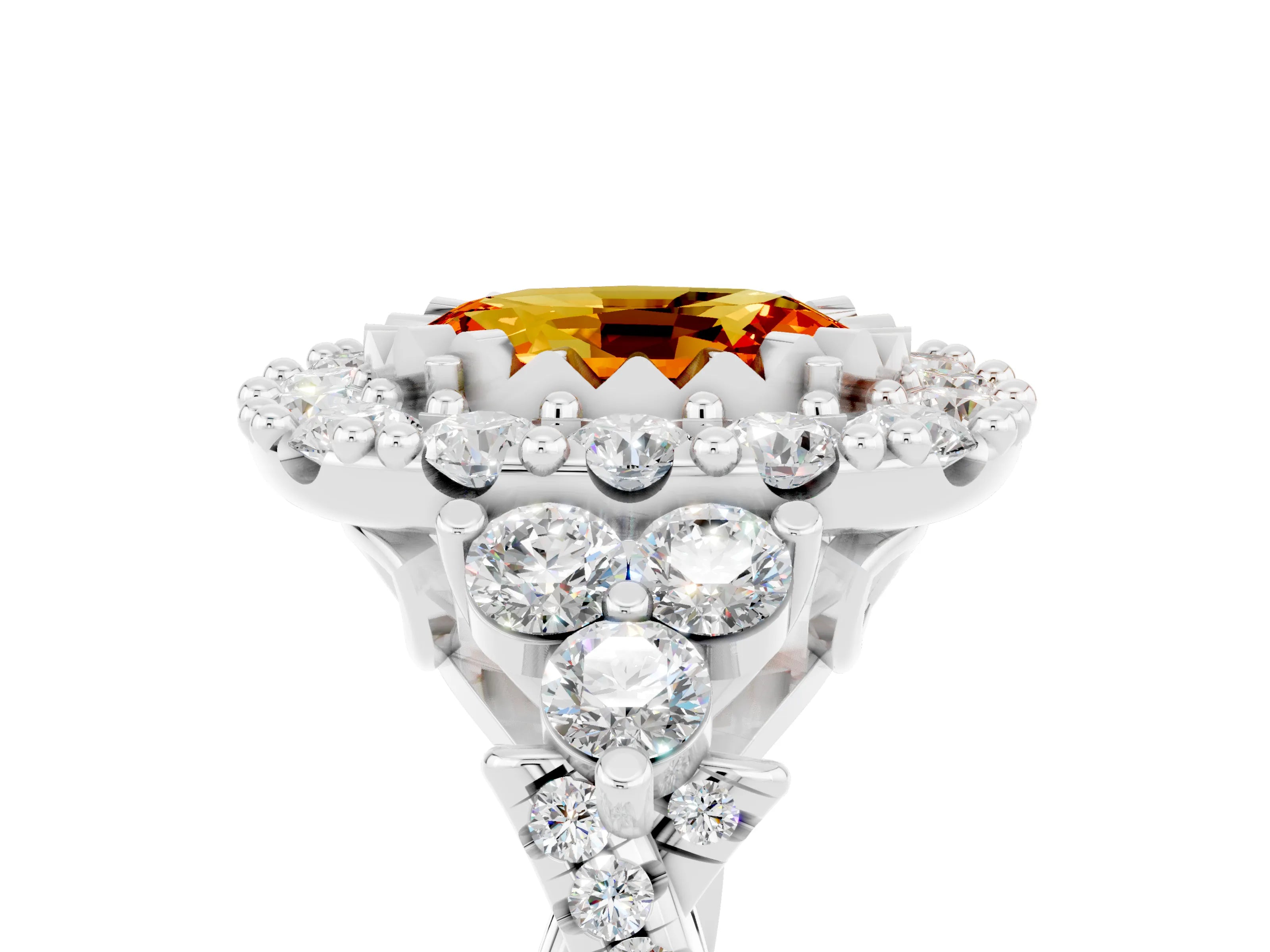 White gold Oval Cut Citrine Halo Ring with Pavé Band and Four-Prong Setting_17