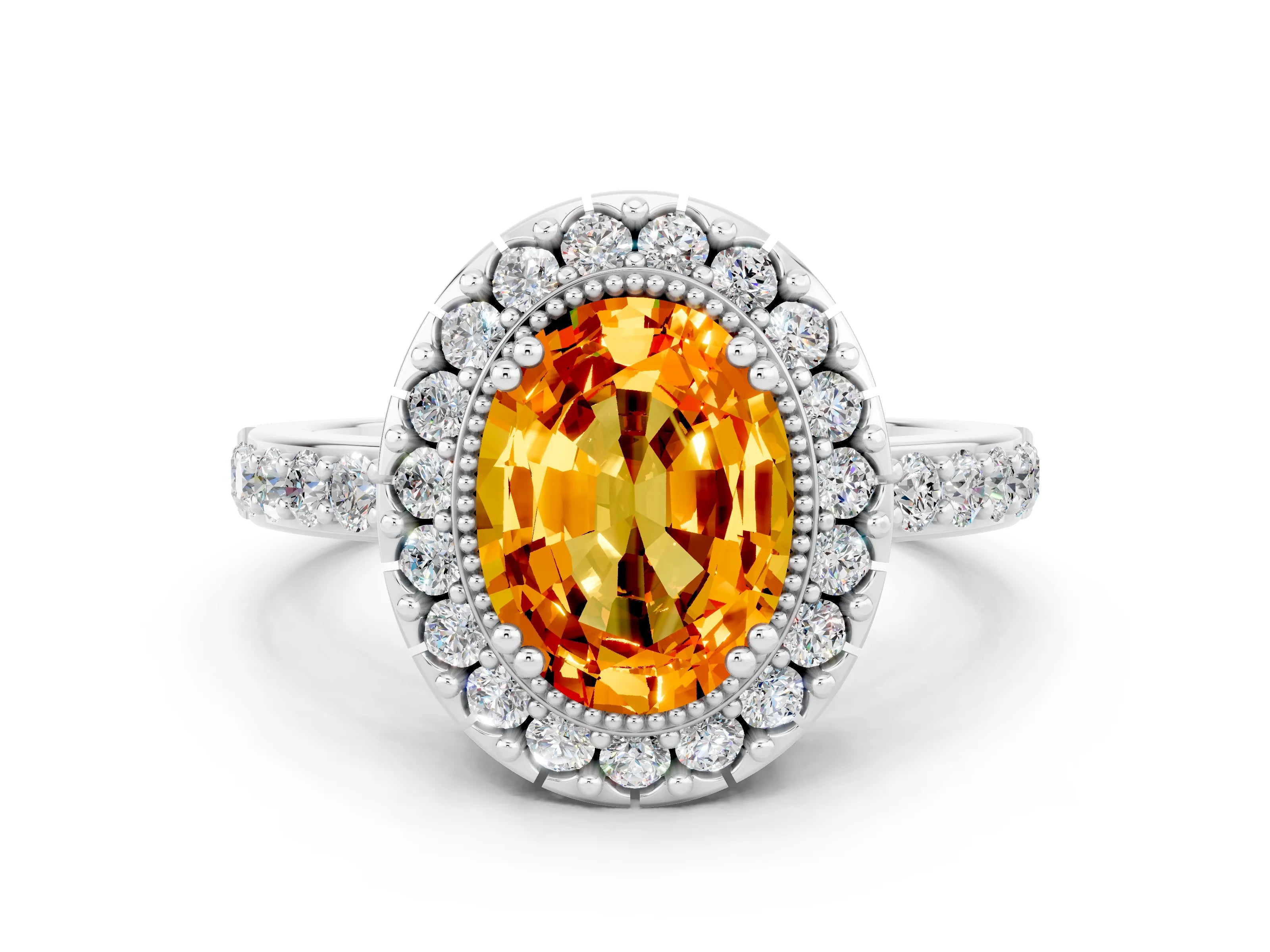 White gold Oval Cut Citrine Halo Ring with Pavé Band and Prong Setting