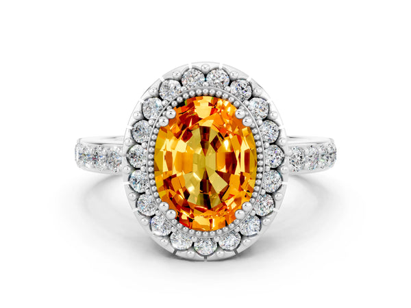 Platinum Oval Cut Citrine Halo Ring with Pavé Band and Prong Setting