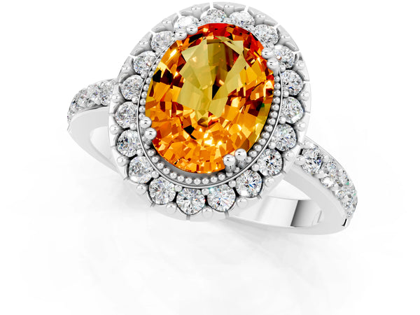 Silver Oval Cut Citrine Halo Ring with Pavé Band and Prong Setting