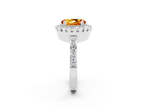 White gold Oval Cut Citrine Halo Ring with Pavé Band and Prong Setting
