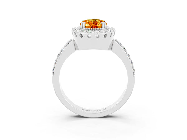 Platinum Oval Cut Citrine Halo Ring with Pavé Band and Prong Setting