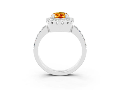 White gold Oval Cut Citrine Halo Ring with Pavé Band and Prong Setting_3