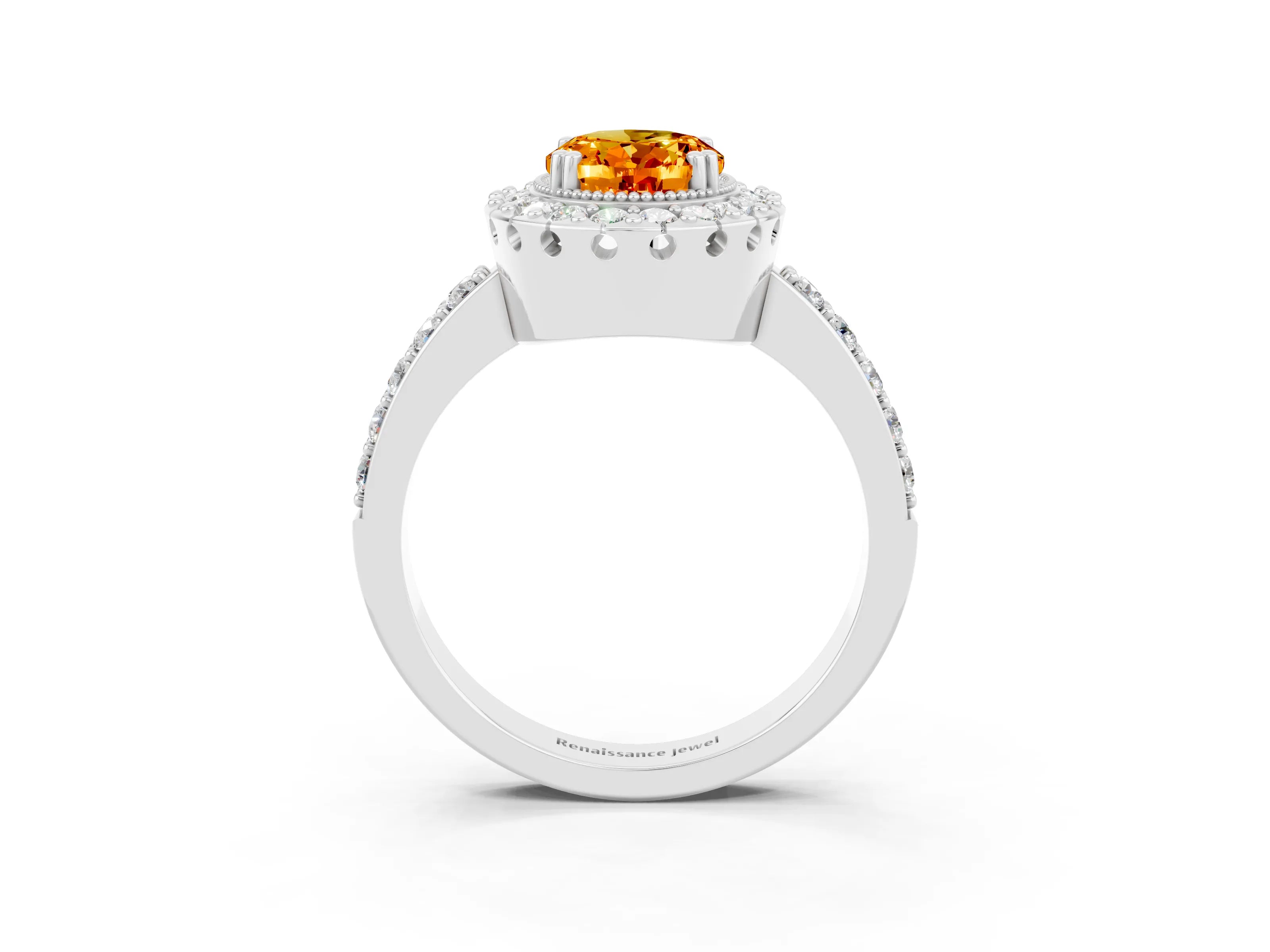 White gold Oval Cut Citrine Halo Ring with Pavé Band and Prong Setting_3