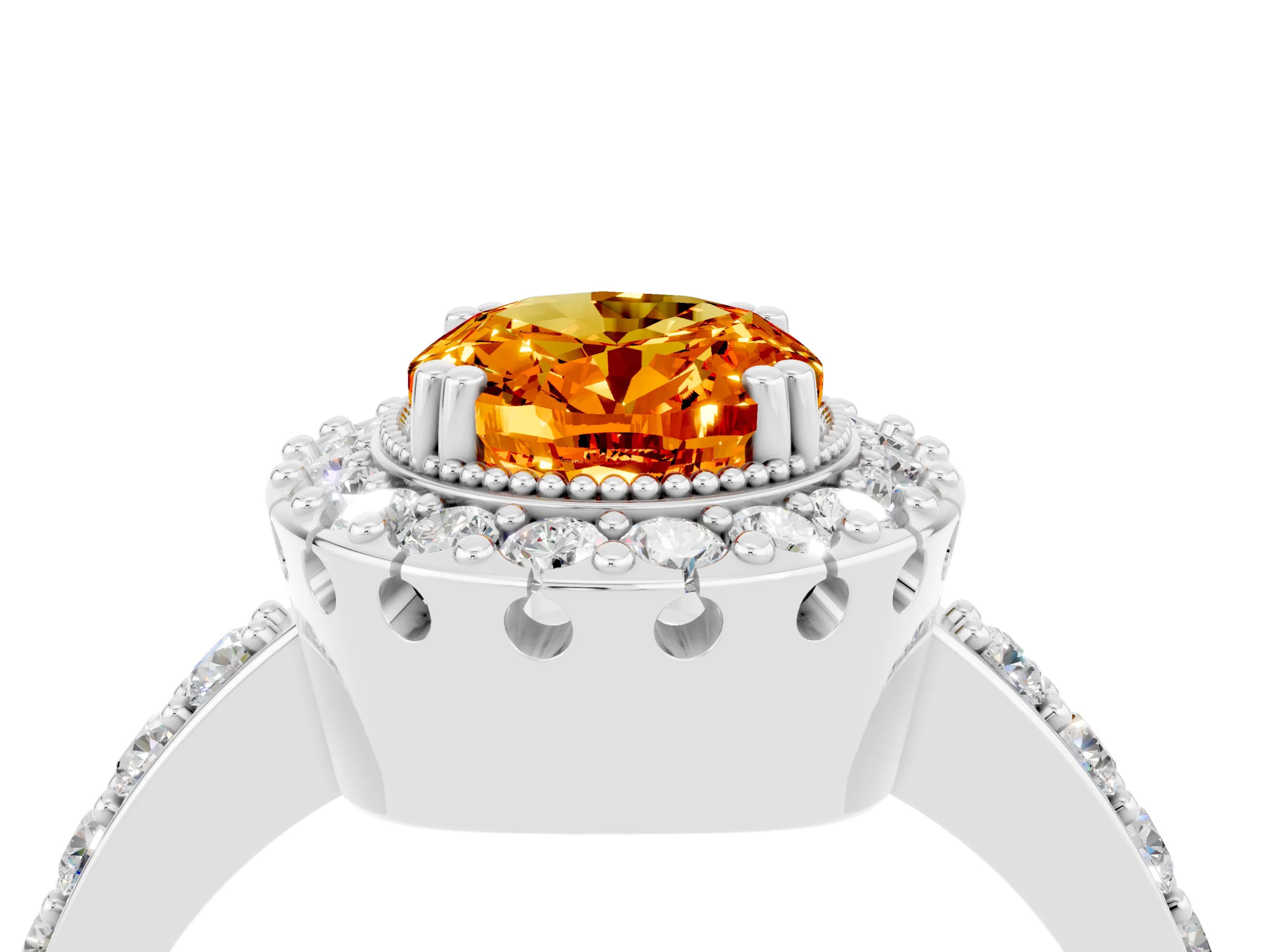 White gold Oval Cut Citrine Halo Ring with Pavé Band and Prong Setting_4