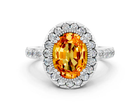 White gold Oval Cut Citrine Halo Ring with Pavé Band and Prong Setting