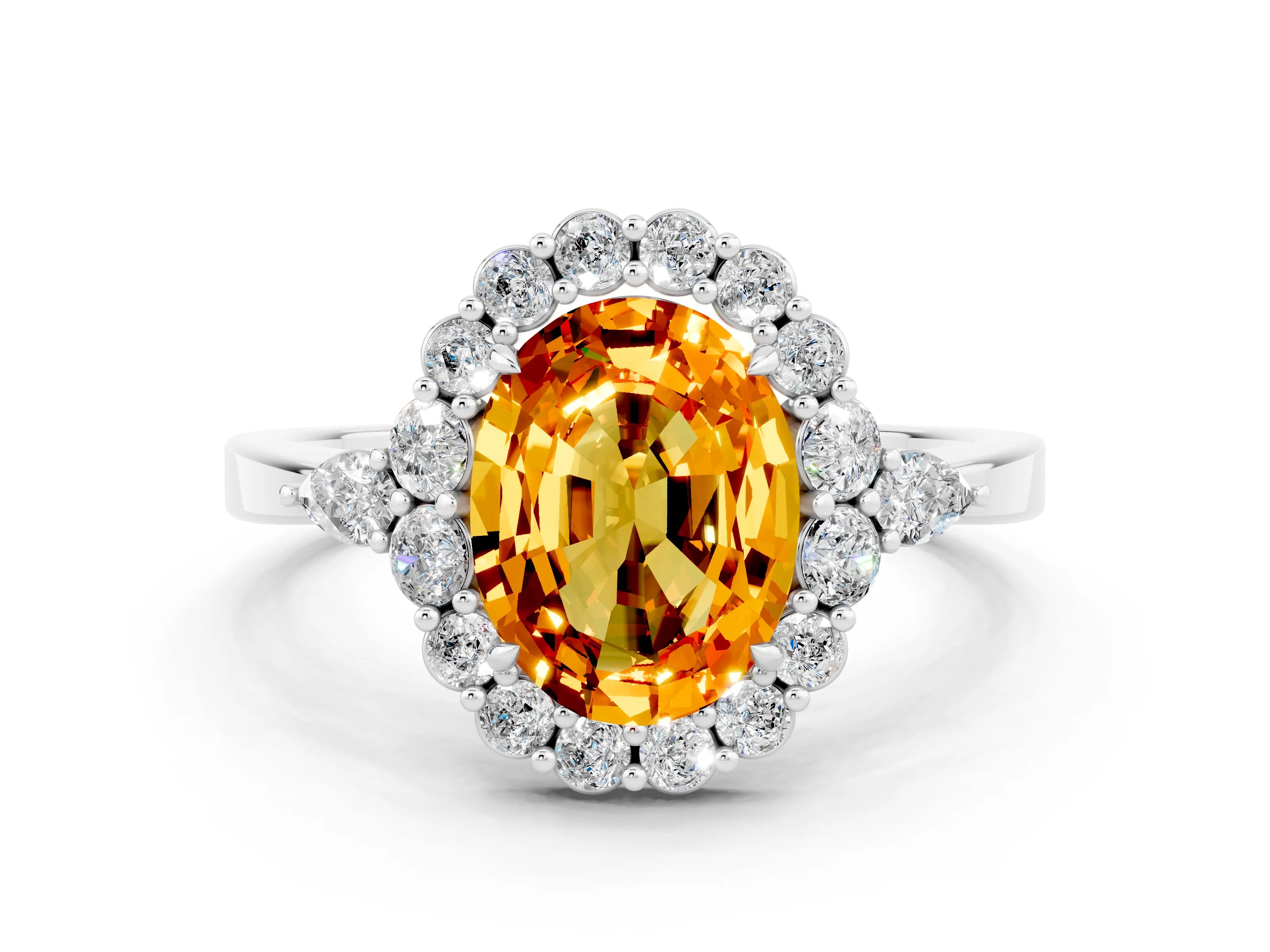 White gold Oval Cut Citrine Halo Ring with Pear Side Stones and Prong Setting_24