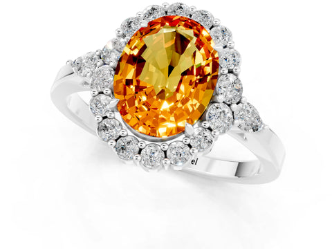 White gold Oval Cut Citrine Halo Ring with Pear Side Stones and Prong Setting_25