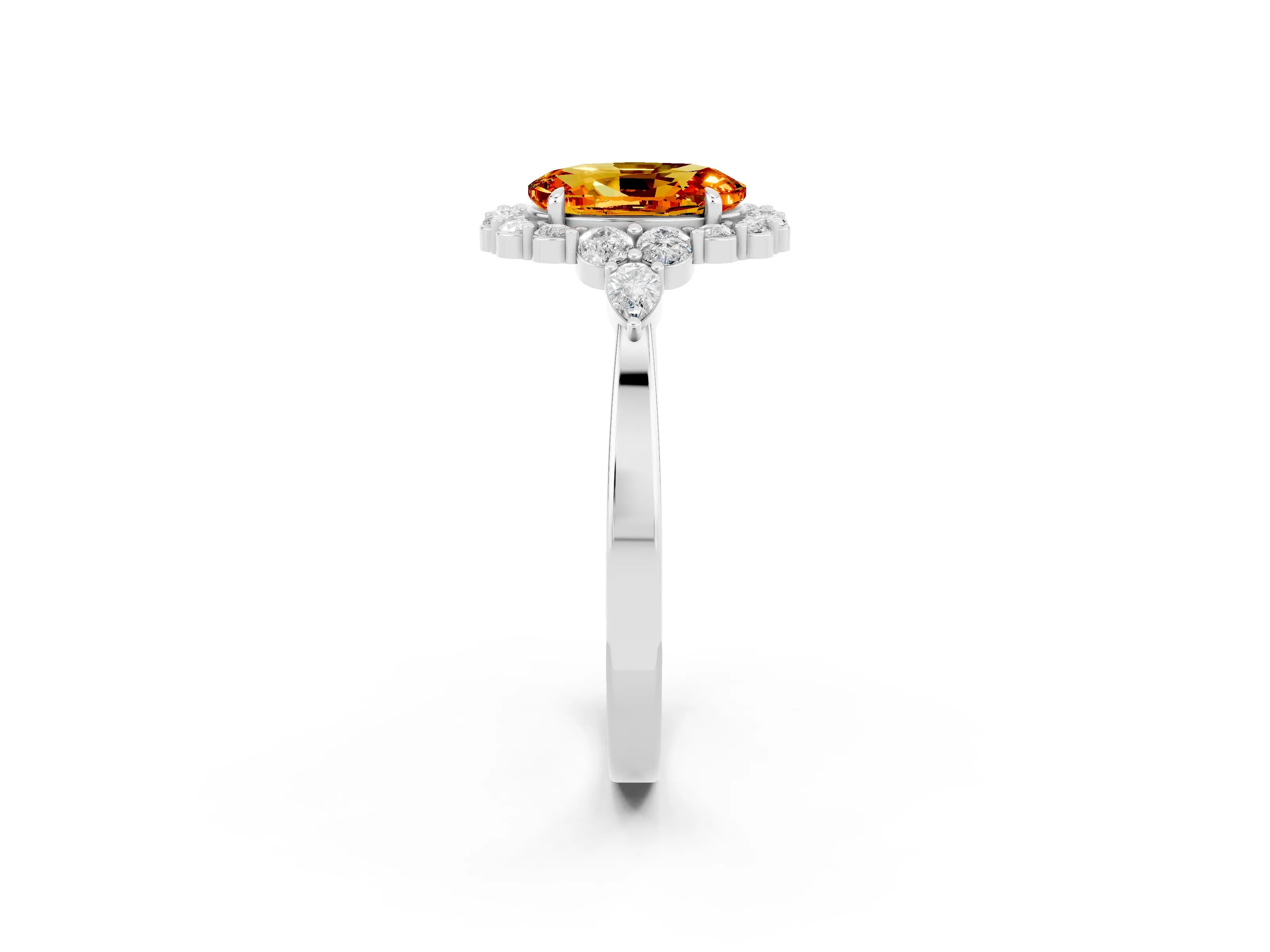 White gold Oval Cut Citrine Halo Ring with Pear Side Stones and Prong Setting_26