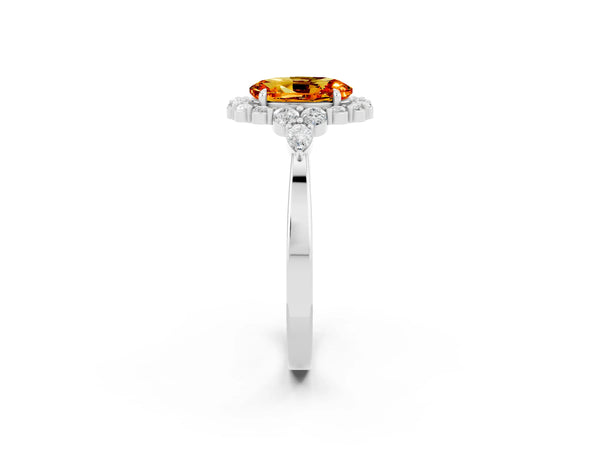 Platinum Oval Cut Citrine Halo Ring with Pear Side Stones and Prong Setting