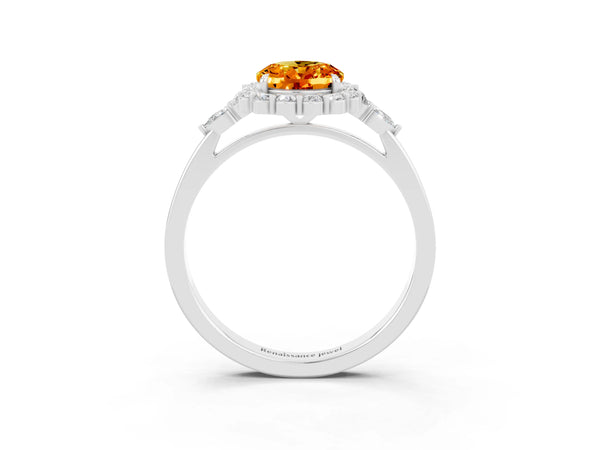 Platinum Oval Cut Citrine Halo Ring with Pear Side Stones and Prong Setting