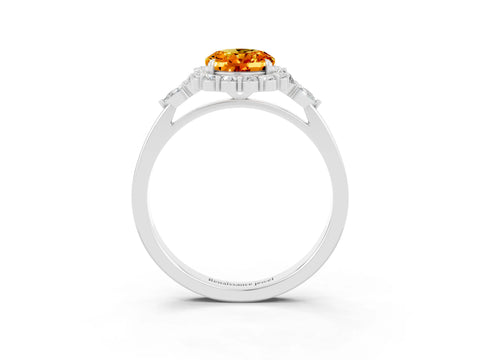 White gold Oval Cut Citrine Halo Ring with Pear Side Stones and Prong Setting_27