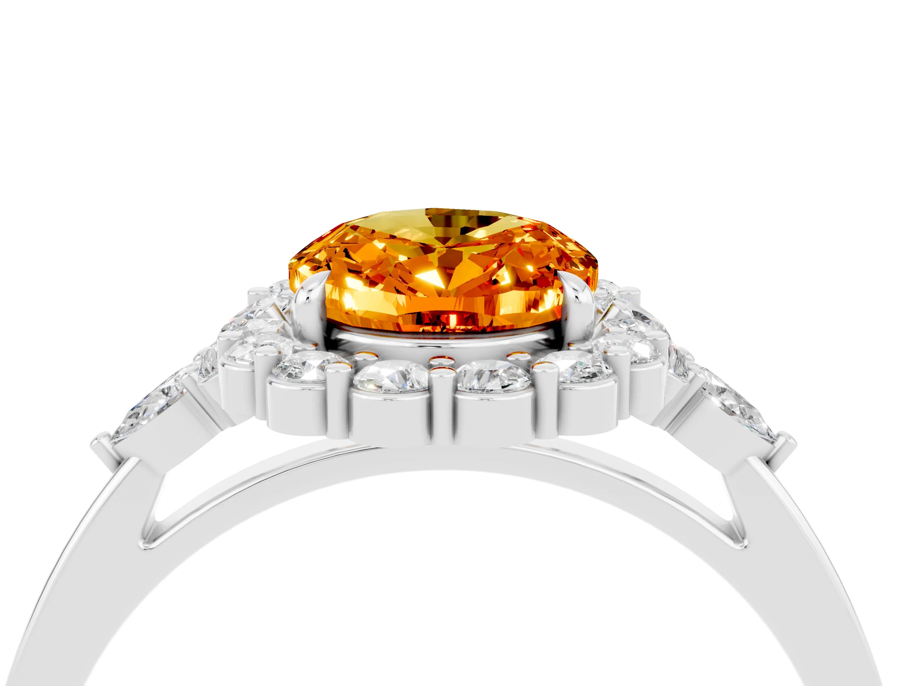 White gold Oval Cut Citrine Halo Ring with Pear Side Stones and Prong Setting_28