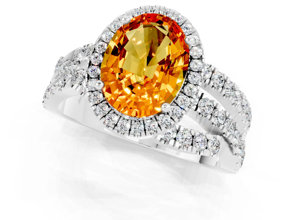 Silver Oval Cut Citrine Halo Ring with Round Split Shank and Prong Setting