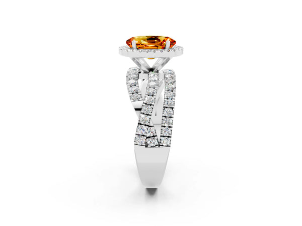 Platinum Oval Cut Citrine Halo Ring with Round Split Shank and Prong Setting