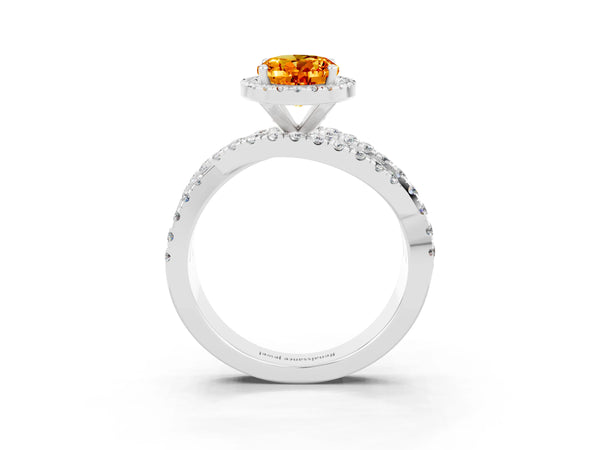 Silver Oval Cut Citrine Halo Ring with Round Split Shank and Prong Setting
