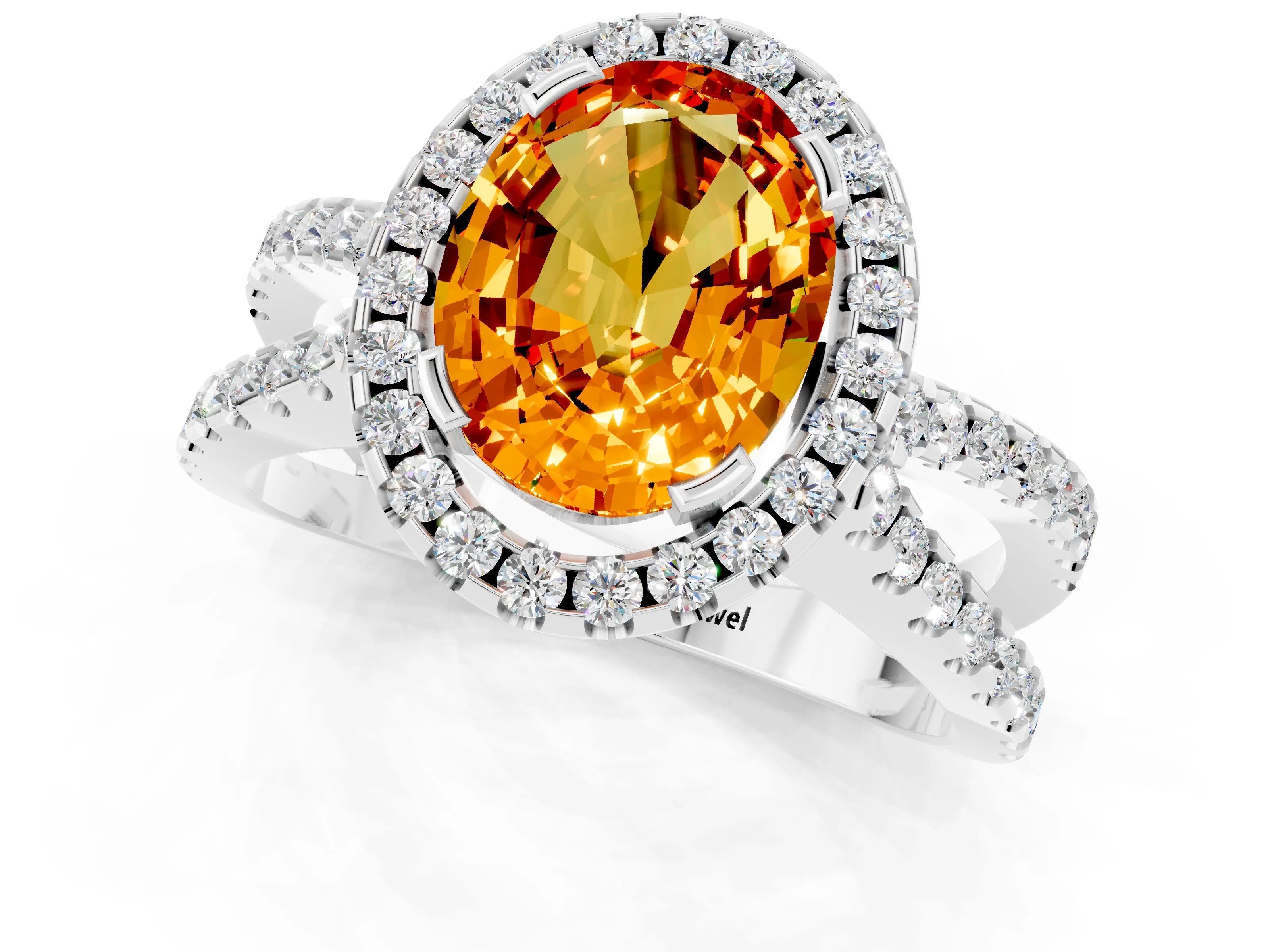 White gold Oval Cut Citrine Halo Ring with Split Shank Pavé Band and Prong Setting_1