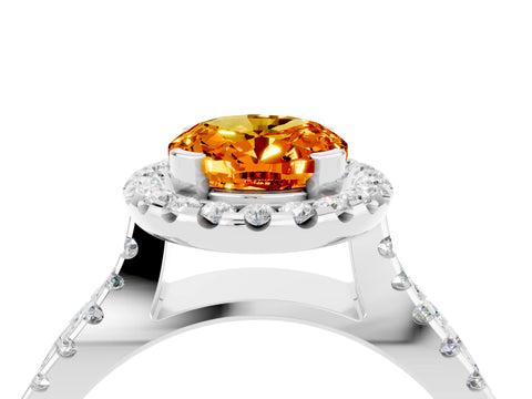 White gold Oval Cut Citrine Halo Ring with Split Shank Pavé Band and Prong Setting_4