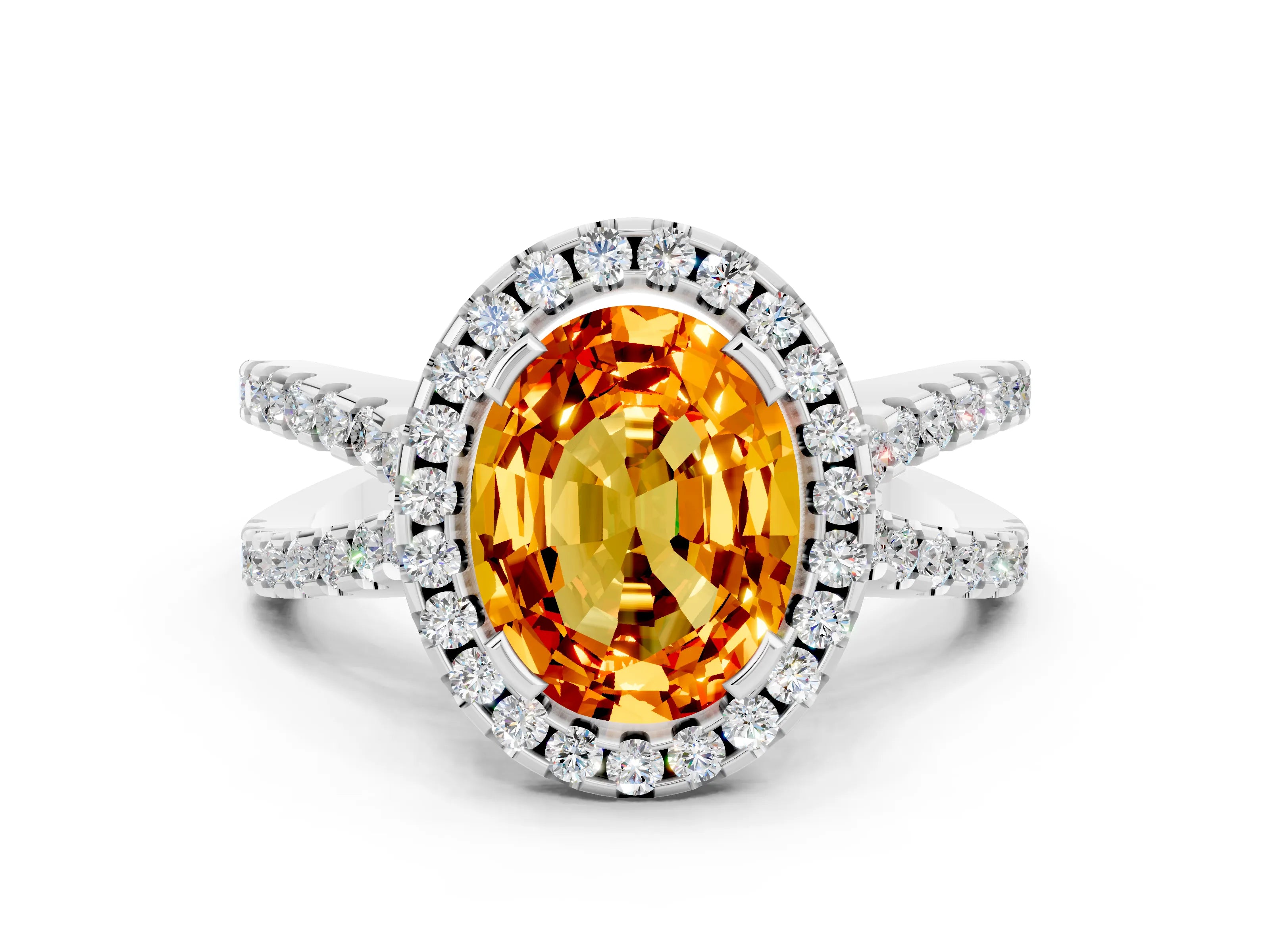 White gold Oval Cut Citrine Halo Ring with Split Shank Pavé Band and Prong Setting