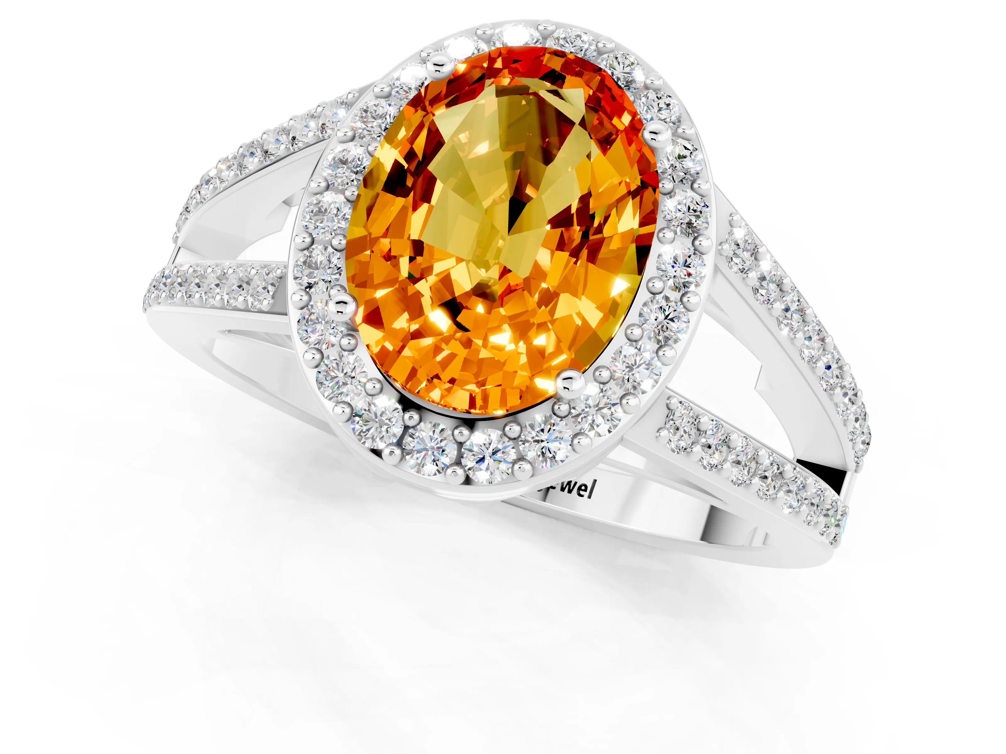 White gold Oval Cut Citrine Halo Ring with Split Shank U-Prong Band and Four-Prong Setting_1