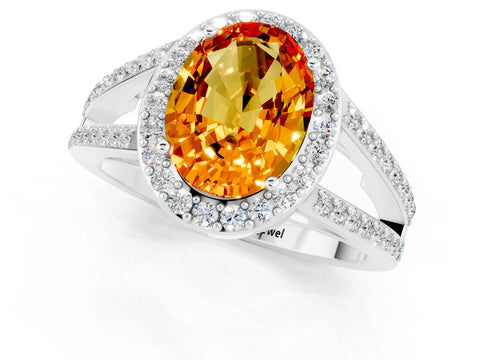 White gold Oval Cut Citrine Halo Ring with Split Shank U-Prong Band and Four-Prong Setting_1