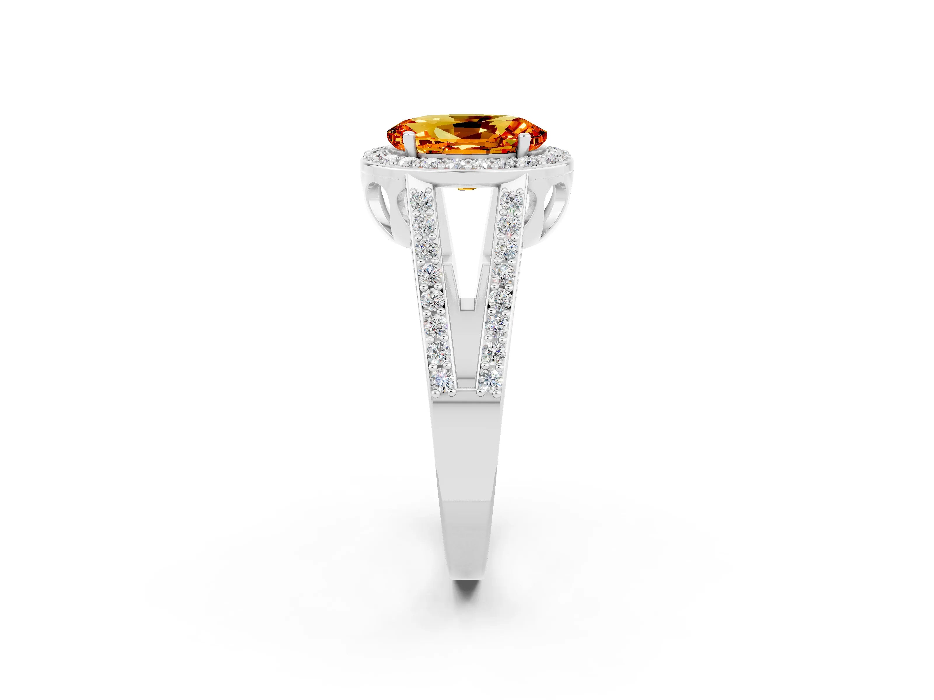White gold Oval Cut Citrine Halo Ring with Split Shank U-Prong Band and Four-Prong Setting_2