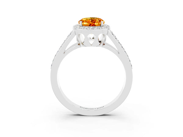 White gold Oval Cut Citrine Halo Ring with Split Shank U-Prong Band and Four-Prong Setting