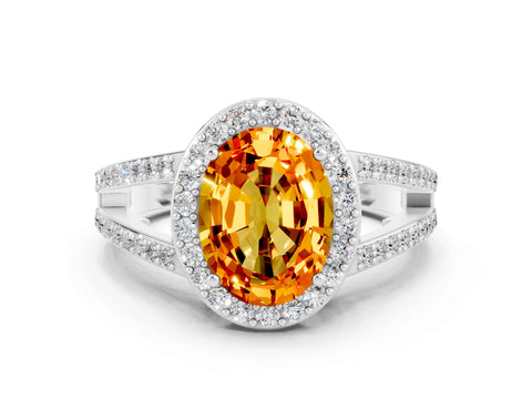 White gold Oval Cut Citrine Halo Ring with Split Shank U-Prong Band and Four-Prong Setting