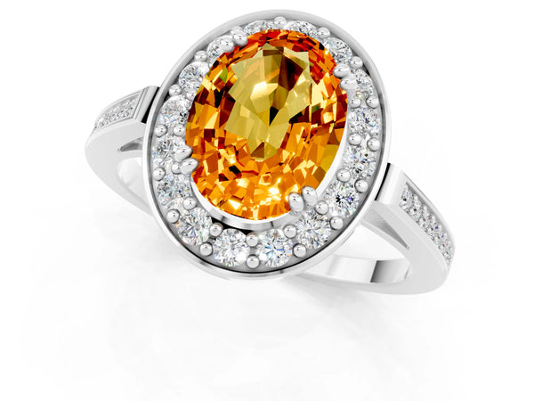 Platinum Oval Cut Citrine Halo Ring with Split Shank and Four-Prong Setting