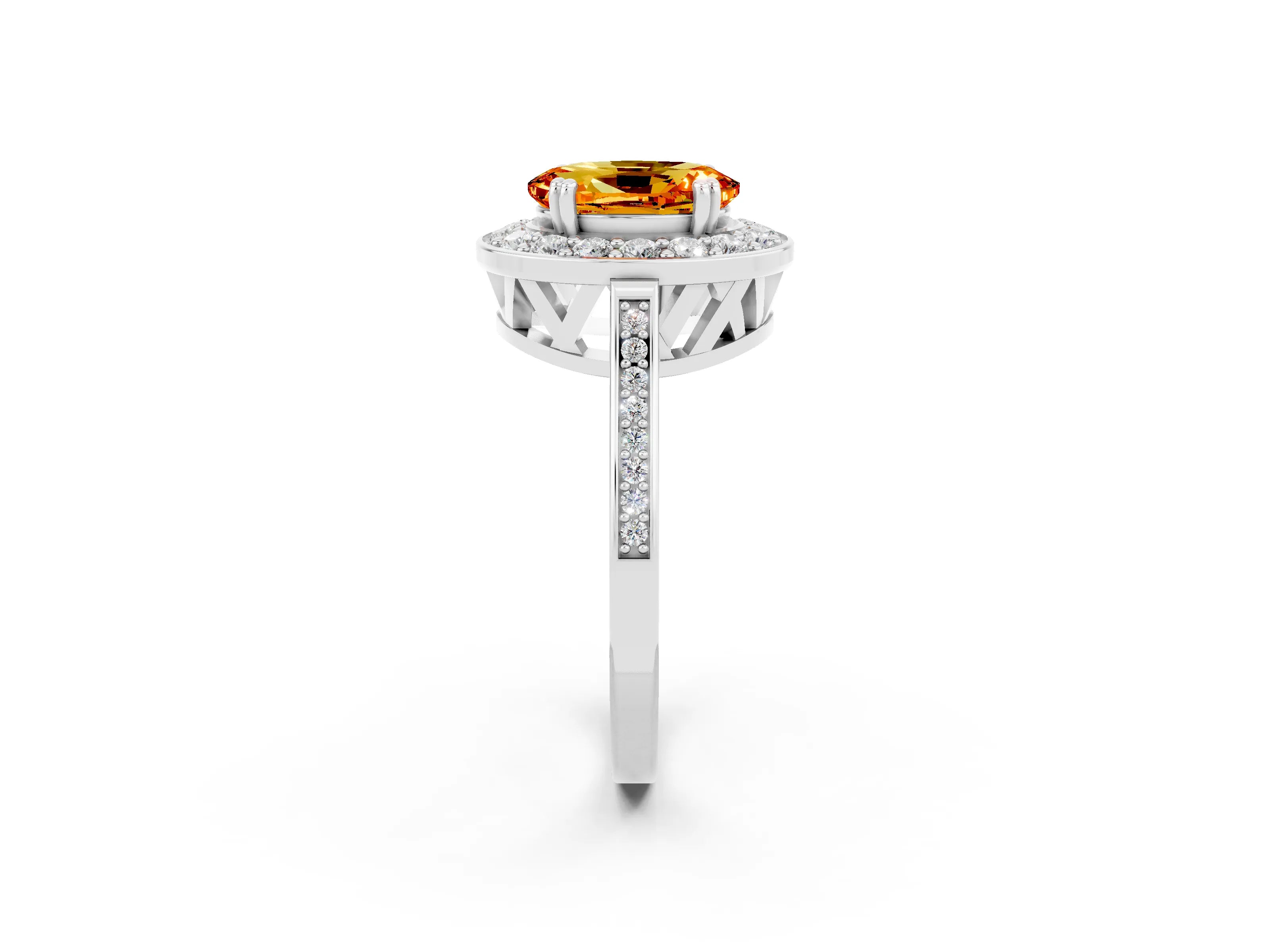 White gold Oval Cut Citrine Halo Ring with Split Shank and Four-Prong Setting_14