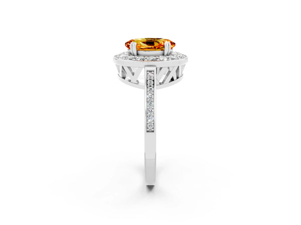 Platinum Oval Cut Citrine Halo Ring with Split Shank and Four-Prong Setting