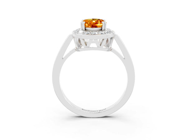 Platinum Oval Cut Citrine Halo Ring with Split Shank and Four-Prong Setting