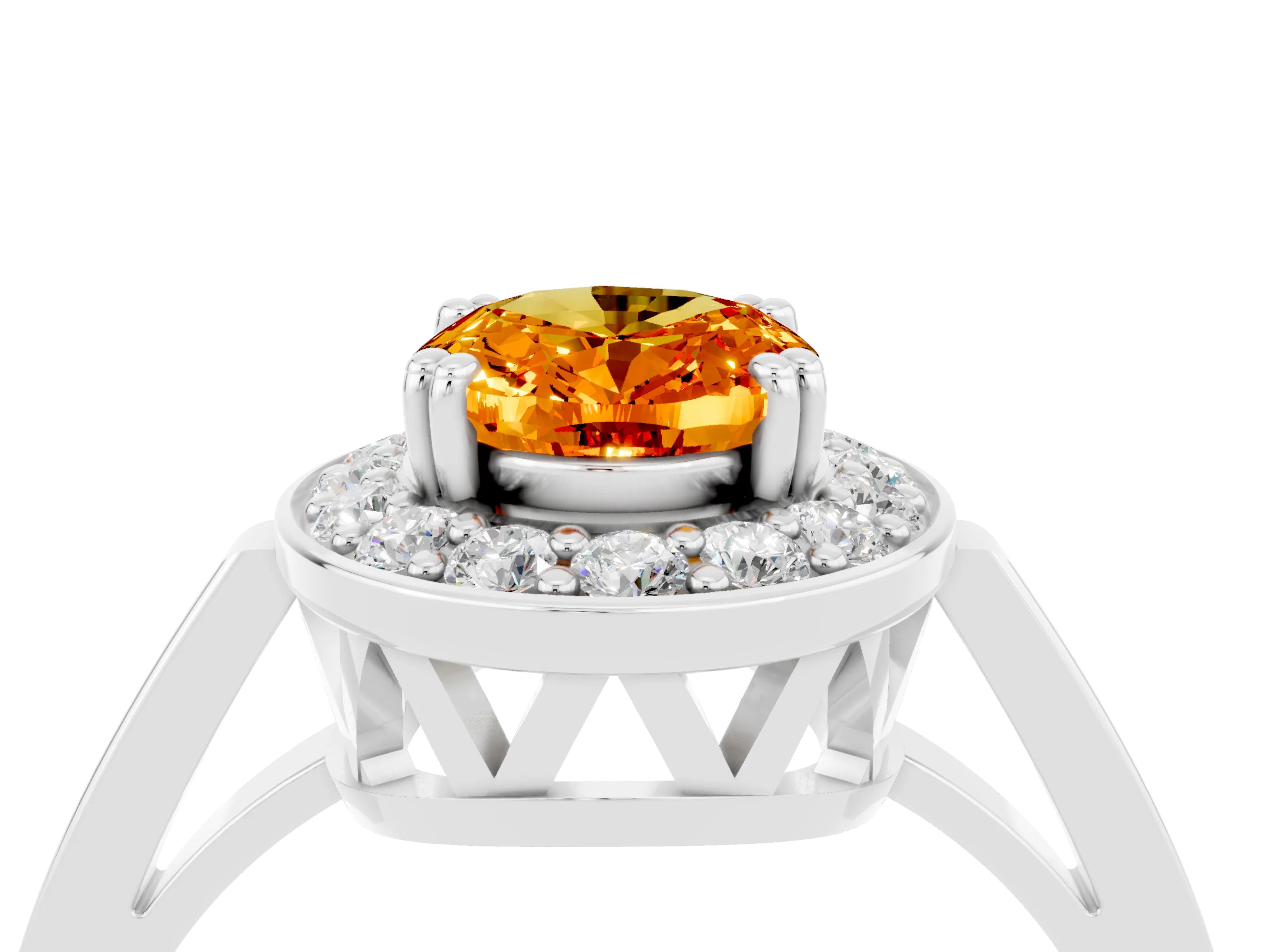 White gold Oval Cut Citrine Halo Ring with Split Shank and Four-Prong Setting_4