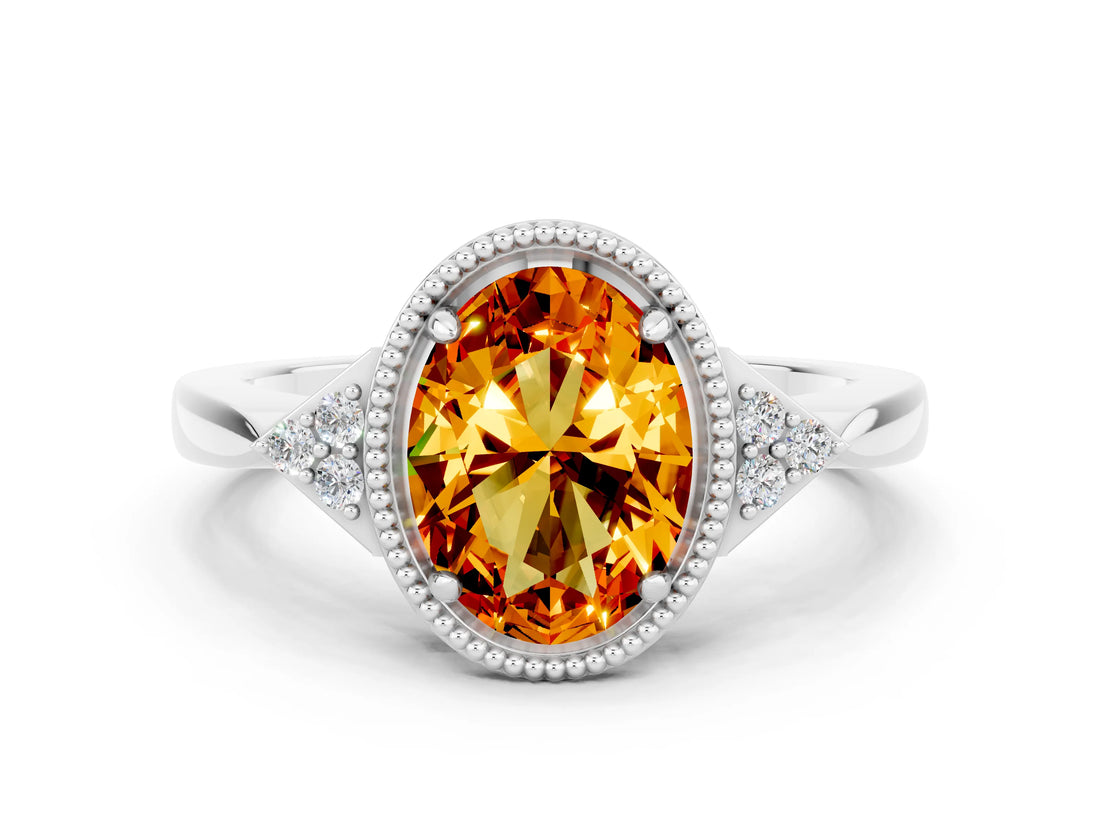 White gold Oval Cut Citrine Halo Ring with Tapered Band and Four-Prong Setting
