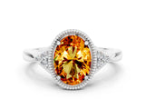 White gold Oval Cut Citrine Halo Ring with Tapered Band and Four-Prong Setting